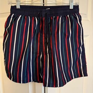 ROMWE Navy Swim Shorts with Red, White & Teal Stripes